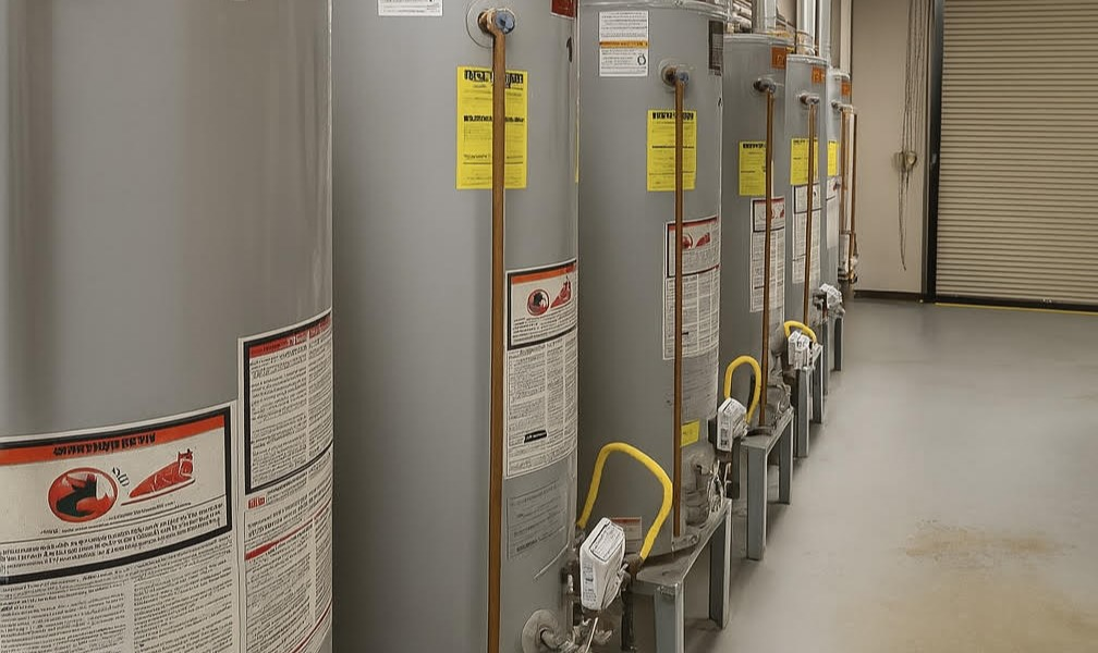 Student training gas water heaters in a row at Titan Tech